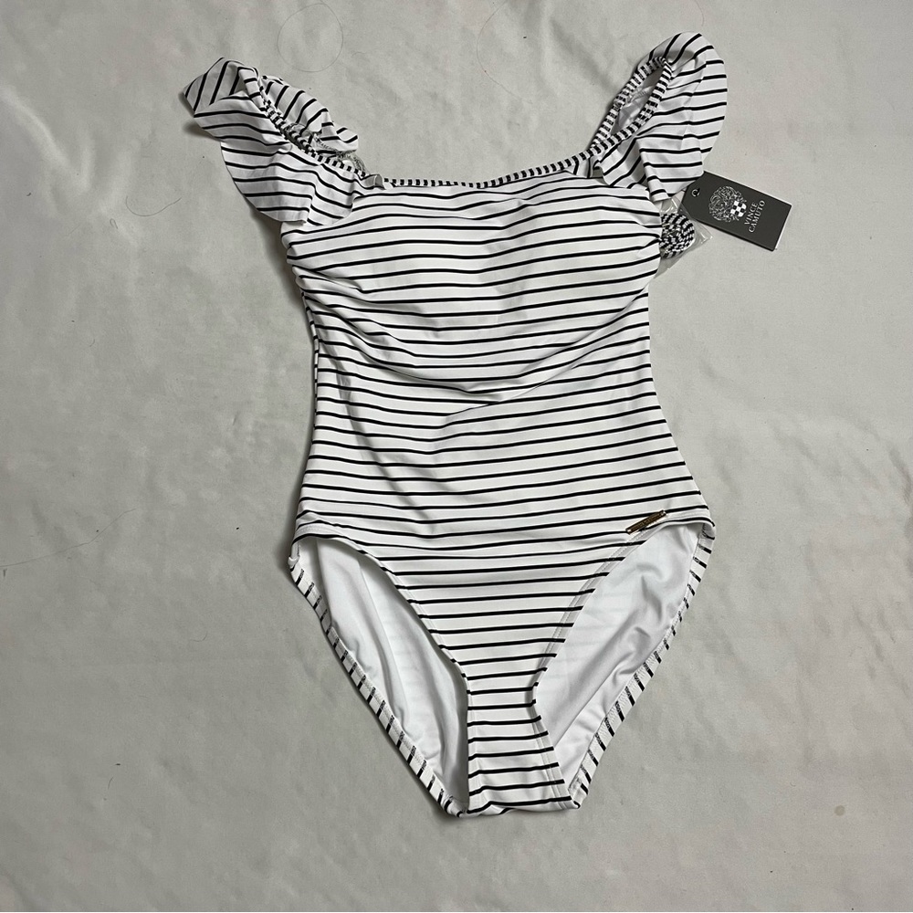 NWT $118 New Vince Camuto Ruffle Off the Shoulder One Piece Swimsuit Size 6 - Picture 3 of 9
